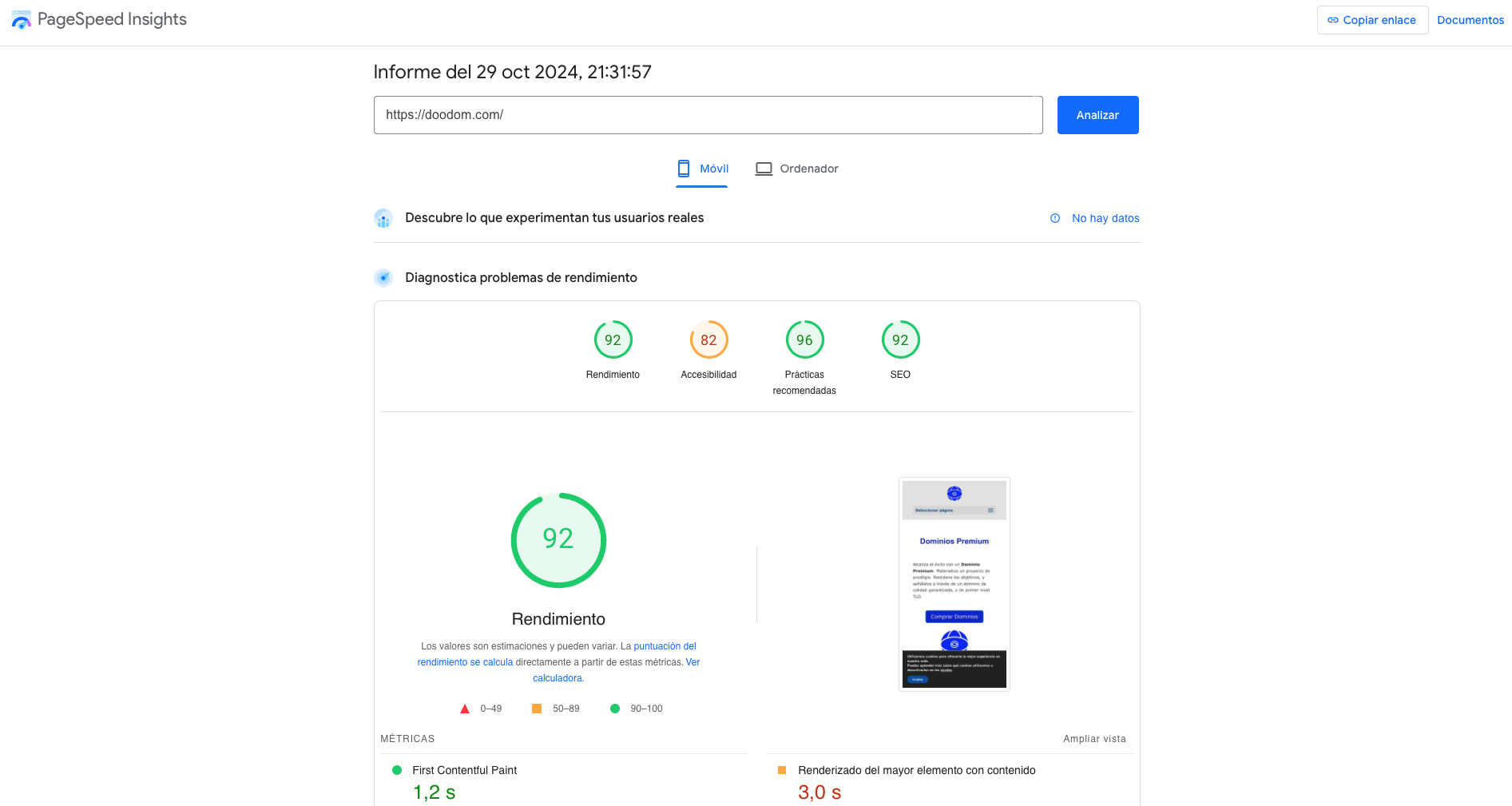 Informe PageSpeed Insights